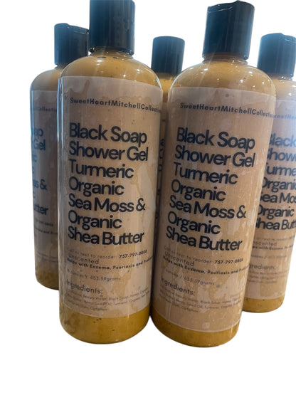 Black Soap Shower Gel infused with Turmeric, Sea Moss & Shea butter